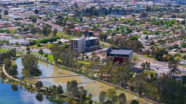 Aerial view of Shepparton Art Museum beside Victoria Park Lake