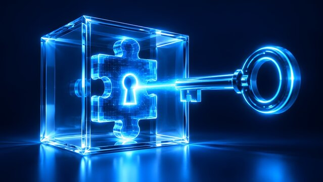 Metallic key unlocking glowing blue puzzle piece inside transparent glass cube symbolizing complex problem solving and discovery