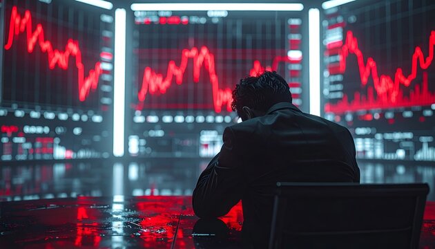 A distressed businessman sits before a falling red stock market chart, illustrating financial loss, market volatility, investment risk, and economic uncertainty.