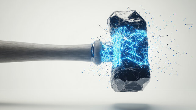 Futuristic tech energy stone hammer with glowing blue cracks and digital network lines