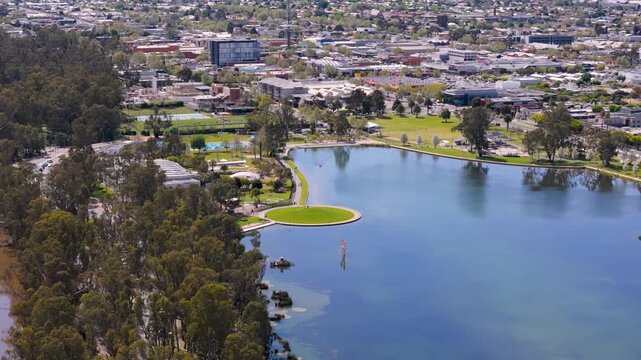 Aerial view of Victoria Park Lake, Shepparton, Victoria, Australia