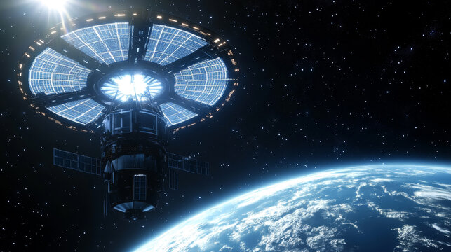 Futuristic ring-shaped space station orbiting planet Earth in cosmic space