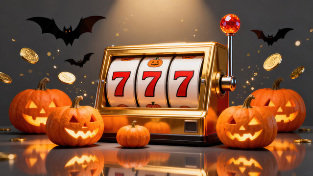 Halloween Slot Machine Jackpot with Pumpkins and Coins., halloween holiday festive image design