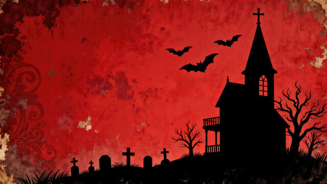 Red grunge Halloween background with spooky bats and haunted house, serving as a thematic backdrop for seasonal designs, halloween holiday festive image design
