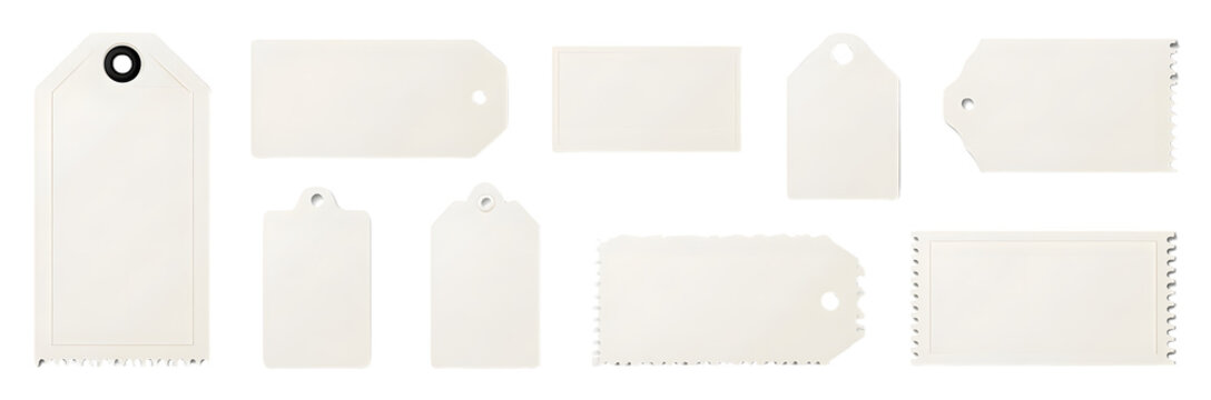 A set of realistic, isolated, blank price tag coupons for Black Friday promotional use, designed to be decorated and overlaid on a transparent backdrop.
