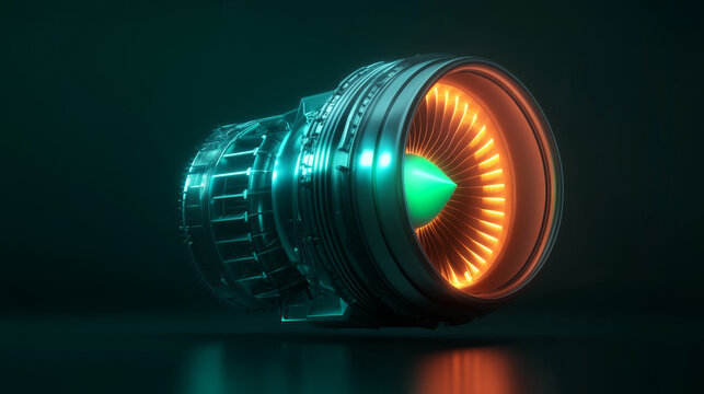 Sci-fi style jet turbine engine close up 3D rendering with neon glow