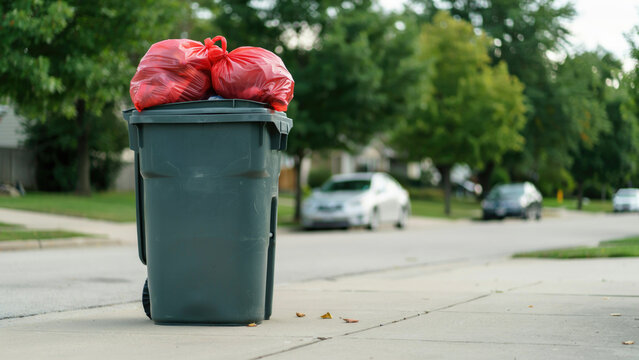 A grey plastic trash bin with red garbage bags sitting on a suburban street sidewalk with garbage container filled sits suburban concrete dark green plastic