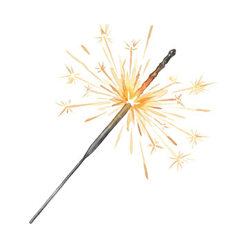Watercolor burning sparkler firework on white background