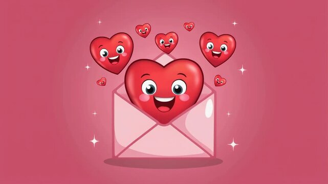 Smiling red heart characters peek from a pink envelope amid tiny floating hearts and sparkles, forming a cute romantic illustration for love, affection, Valentine's Day, and greetings.