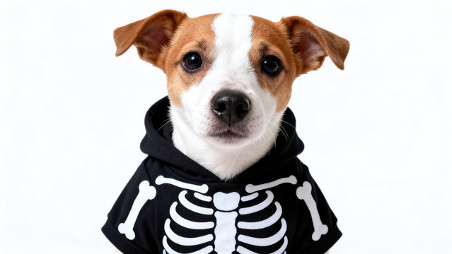 Jack Russell Terrier wearing black skeleton costume, Halloween concept, halloween holiday festive image design