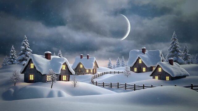 A quiet snow-covered village rests beneath a slender crescent moon and cloudy blue night sky, with warm cottages, bare trees, and fences creating a dreamy winter landscape.
