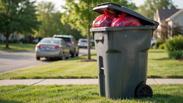 A gray plastic trash bin with red bags inside sitting on a residential lawn by the street with lawn suburban neighborhood garbage bin with bags stands green, home