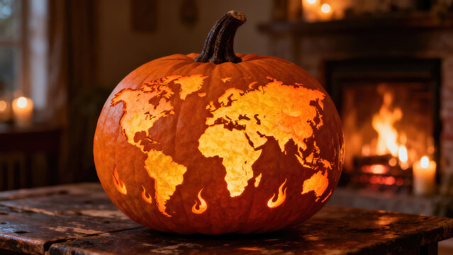 Halloween pumpkin with world map carving for global celebration, halloween holiday festive image design