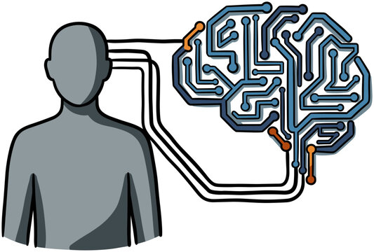 Humanoid Figure Connected to Digital Brain Circuit Board