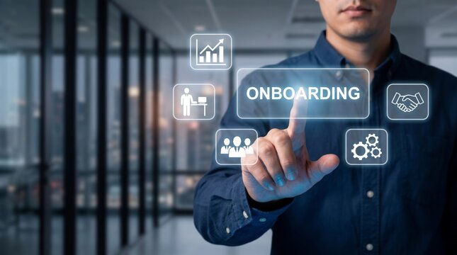 Professional businessman touching virtual digital screen interface for employee onboarding