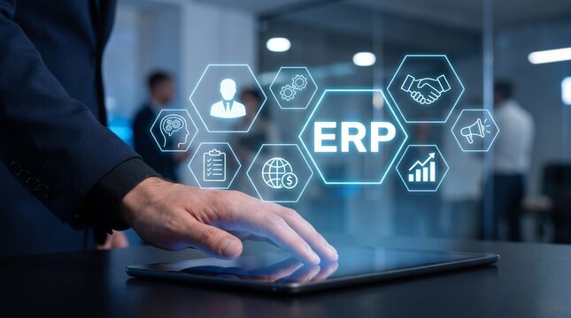 Businessman using modern digital tablet with glowing erp software interface