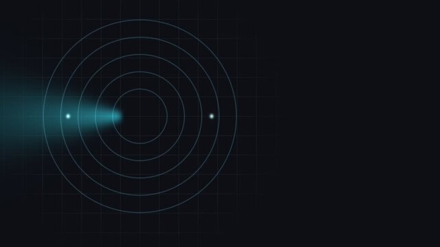 A digital radar interface screen displaying concentric circular grid lines and two glowing target blips scanning against a dark background