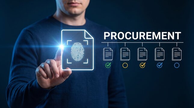 Professional man touching digital procurement workflow screen with glowing interface