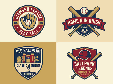 This collection features vintage-inspired baseball league badges showcasing different teams and themes celebrating the rich history and culture of baseball from the early 1900s.