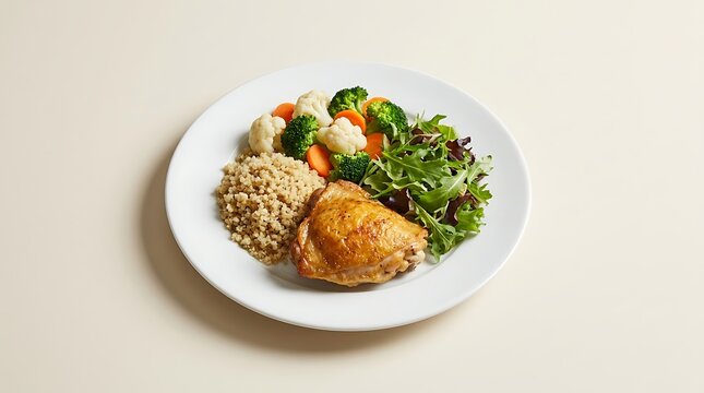 Healthy plate with grilled chicken breast and fresh garden salad on a white ceramic plate. balanced diet examples 