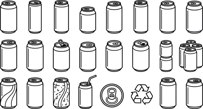 Aluminum soda beverage can line icons set featuring recycling symbols open tabs pack containers and straw details