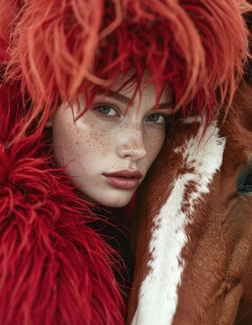 A close-up portrait of a freckled woman with striking blue eyes wearing a vibrant red feathered outfit, intimately leaning against a brown horse with a white blaze.