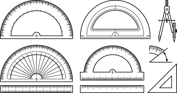 Mathematical geometry drawing tools line icons set featuring protractors rulers compass set square and angle measurement