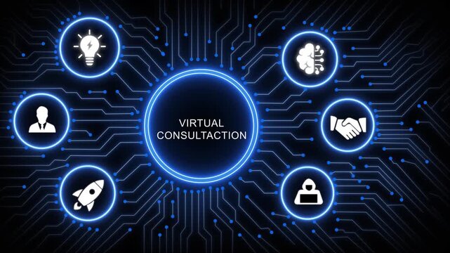 Virtual consultation digital interface concept featuring glowing circuit board background, with animated business, for modern corporate, communication, remote services, and advanced tech solutions
