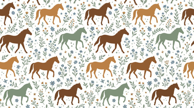 Seamless Pattern with Horses and Floral Motifs, Equestrian Design