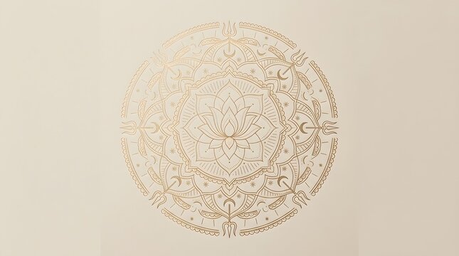 Elegant golden mandala with lotus and trident symbols, intricate line art design on a soft beige background