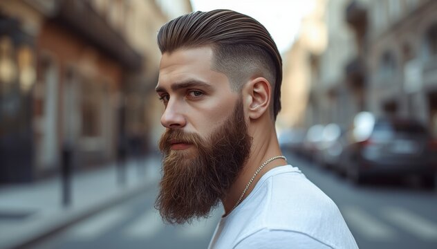 A man with a styled beard and slicked-back hair looks over his shoulder on a blurred urban street.