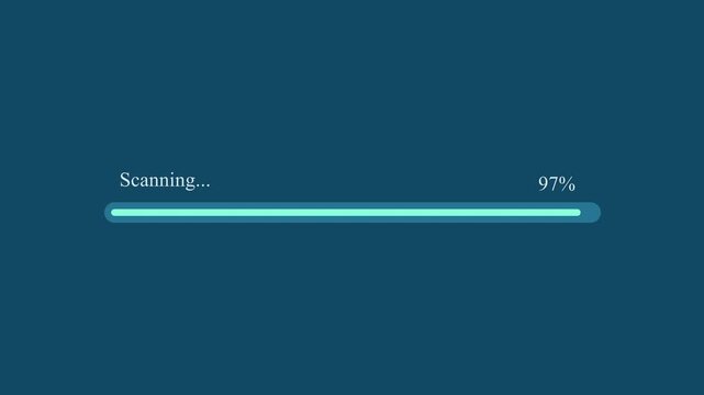 Motion graphic of cyan scanning progress bar reaching 97 percentage completion on dark blue background, depicting system analysis and security scan.
