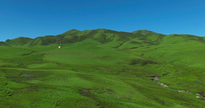 Badimalika region, Nepal, drone sweeps over vibrant green rolling pastures, revealing a small rustic shepherd shelter nestled in the expansive alpine landscape of Triveni Patan grass