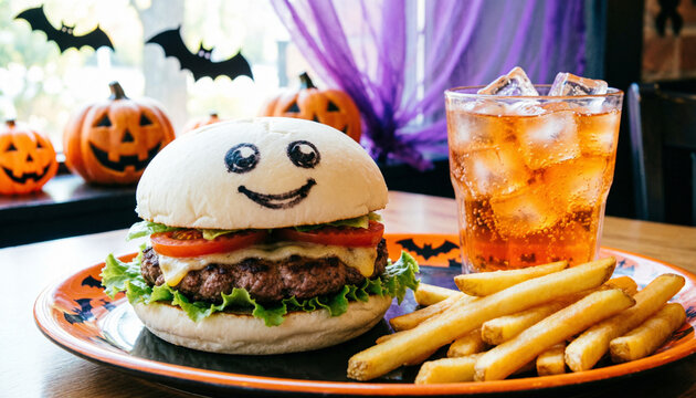 Hamburguesa Tem&aacute;tica de Halloween con Cara Sonriente, Papas Fritas y Bebida / Halloween Themed Burger with Smiling Face, French Fries and Drink
