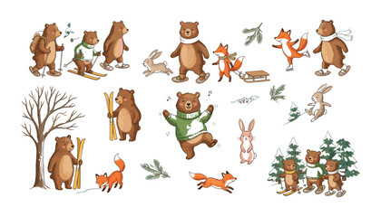 Fototapeta premium PrintCute winter forest animals vector set with bears foxes and rabbits skiing sledding and ice skating