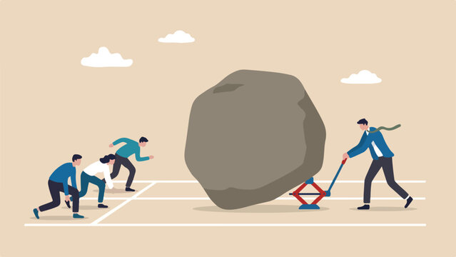 Business team overcoming obstacle with mechanical jack lifting heavy boulder from running track, flat vector illustration for agile workflow management
