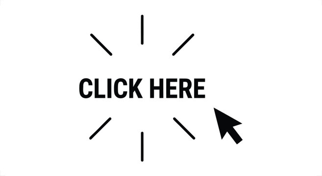 Minimalist click here button vector icon, simple pointer arrow call to action banner, digital marketing link graphic element