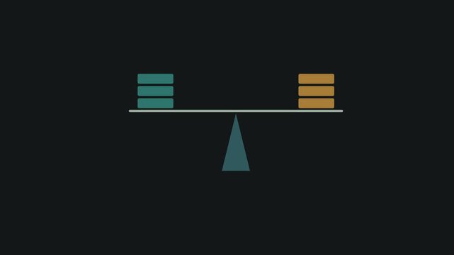 Minimalist graphic illustration featuring a balanced scale with stacked blocks representing equality and stability against a solid dark grey background