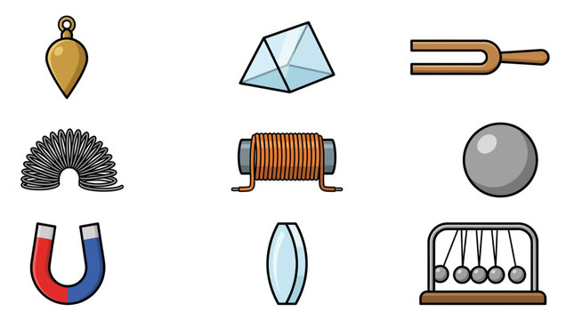 Physics Science Equipment Icons: Pendulum, Prism, Tuning Fork, Slinky, Coil, Ball