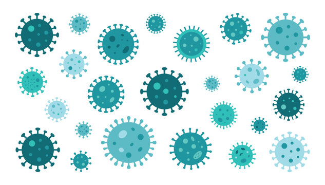 A seamless collection of vector illustrations depicting various corona virus cells in different shades of blue isolated on white background