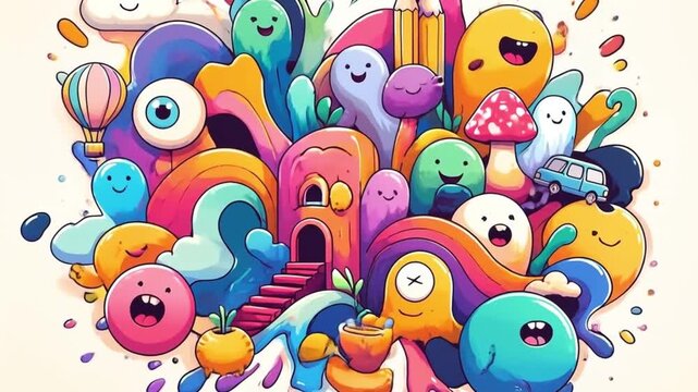 surreal fantasy Colorful cartoon doodle Splash motion