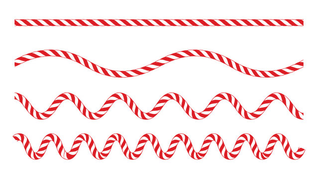 Set of four red and white striped candy cane style lines with various wavy patterns isolated on a pure white background
