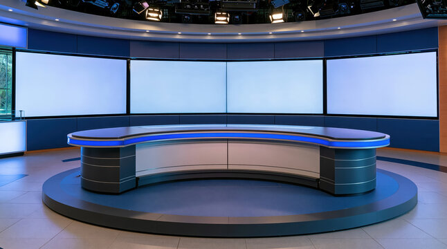 Modern empty television news studio interior with curved desk and large blank screens