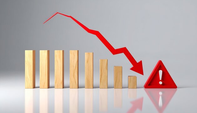 Wooden bar chart decreasing step by step beneath a red falling arrow and warning sign, symbolizing recession, reduced revenue, investment risk, and declining performance.