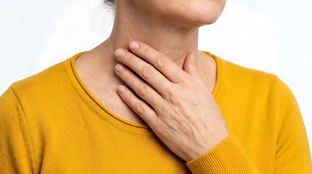 Woman holding neck due to throat pain