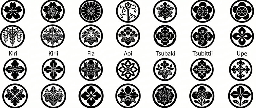 Collection of traditional Japanese mon emblems featuring various floral and botanical motifs