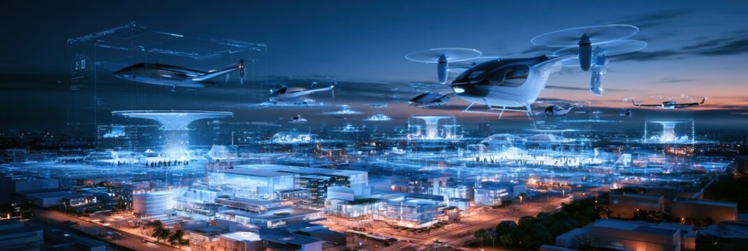 The scene shows a wide panoramic view of a digital urban air mobility ecosystem featuring various aircraft, vertiports, and management systems.