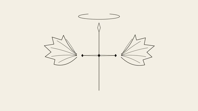 Clean minimalist line art motion graphic animation featuring a Christian cross revealing geometric wings and a glowing halo, suited for spiritual, faith, tattoo design, and religious video projects