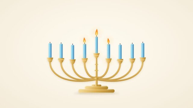 Motion graphic animation of a golden Hanukkah menorah assembling and sequentially lighting its candles