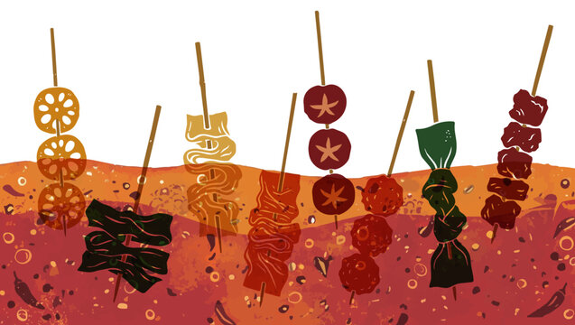 Mala Skewers Illustration with Chili, Sichuan Pepper and Chinese Street Food／唐辛子・花椒・中華食材を使った麻辣串のイラスト